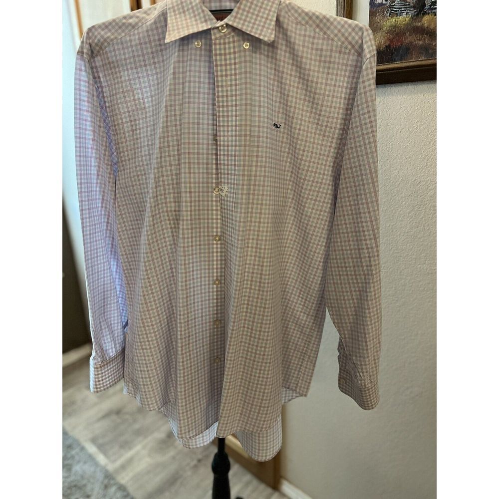 Vineyard Vines Whale Shirt Button-Down Purple Blue Plaid Men M Long Sleeve Flaw